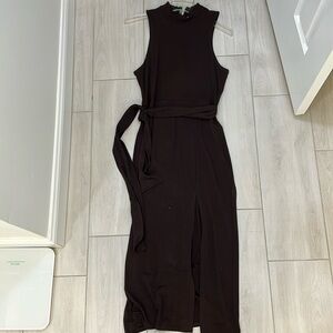 Sleeveless Belted Midi Dress in Dark Brown